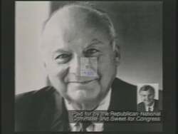 ["In a 1994 TV ad campaign, Republican Party candidate A. George Sweet showcases spokesperson Norman Sosiski defending his political positions and controversial decisions. The ad frequently portrays Sosiski speaking energetically at a podium, under media scrutiny, while highlighting his tax policies and electoral challenges against a backdrop of American flags and campaign slogans."]