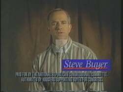 ["In the 1994 political TV ad, Republican candidate Steve Buyer emphasizes Midwestern family values and a desire for smaller government. Throughout various scenes in Monticello and Washington, Buyer passionately advocates for tax reform, the representation of Indiana���������s interests in Congress, and a return to fundamental Midwest sensibilities, positioning himself as a relatable, family-oriented candidate dedicated to challenging the status quo in Washington."]