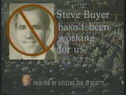 ["In the 1994 presidential campaign ad, Democratic candidate J. D. Beatty criticizes opponent Steve Boyer as a typical politician. The ad portrays Boyer as insincere, highlighting his broken promises and missed votes, using visuals of disillusioned voters and negative imagery, labeling him as untrustworthy and inactive in office."]