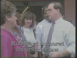 ["In his 1994 presidential campaign ad, Democratic candidate Mike Ward emphatically promotes his sex offender registry law initiative, consistently focusing on community safety. Through various scenes of him speaking confidently at podiums and discussing the legislation with concerned citizens, Ward positions himself as a committed advocate for public safety, emphasizing the importance of legislative action to protect neighborhoods."]