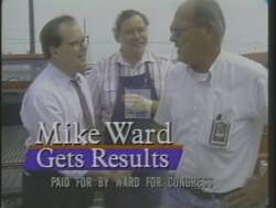 ["In the 1994 campaign ad for Mike Ward, Democratic presidential candidate, scenes criticize opponent Susan Stokes' political record and campaign tactics, portraying her unfavorably. Contrasting these, Mike Ward is positively depicted discussing job creation with UPS workers, highlighting his achievements and presenting a solution-oriented campaign focus."]