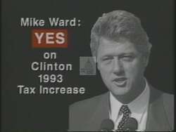 ["The 1994 political TV ad for Susan B. Stokes' presidential campaign emphasizes opponent Mike Ward���������s record of supporting significant tax increases. The ad portrays Ward at a podium, defending his tax policy amidst public dissent and opposition banners. Visuals and texts consistently highlight Ward's voting behavior, labeling him as a persistent advocate for various tax hikes, including those on tobacco, payroll, gas, and small businesses, with a closing message urging viewers to \"Stop Mike Ward before he taxes again.\""]
