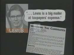 ["The 1994 presidential campaign ad for David C. Adkisson targets his Democratic rival Ron Lewis. It features various scenes illustrating Lewis as hypocritical, financially irresponsible, and deceitful. Text and headlines criticize Lewis for misleading ads, excessive spending, and unfulfilled promises, painting a negative image of his political integrity."]