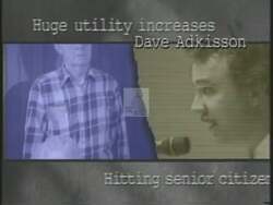 ["The 1994 political TV ad for Republican Party candidate Ron Lewis targets his opponent, Dave Adkisson, portraying him in a negative light. The ad repeatedly emphasizes Adkisson's involvement in controversial utility rate hikes, suggesting personal financial gains and corruption. With each scene, Adkisson is shown in various states of concern and defensiveness, framed by accusatory texts and images that denote his alleged mishandling of utility deals and taxes, aiming to question his integrity and leadership abilities."]