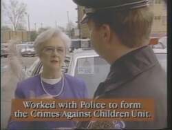 ["In her 1994 campaign ad, Democratic presidential candidate Dolores Delahanty highlights her dedication to community safety and youth protection. Displaying moments from various meetings and rallies, she communicates her passionate advocacy for social change, notably in child and teen protection, while engaging with diverse community members across multiple settings."]