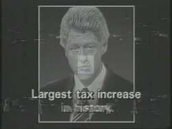 ["The 1994 political TV ad for Republican candidate Ron Lewis targets Joe Prather by associating him with Bill Clinton, emphasizing their involvement in tax increases and controversial deals. The ad uses textual comparisons and critical imagery to highlight alleged political and financial misconduct, urging viewers to vote for Ron Lewis instead."]