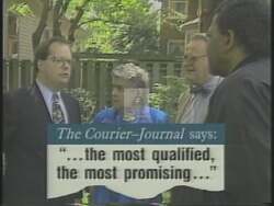 ["The 1994 political TV ad for Democratic presidential candidate Mike Ward showcases his dedication and legislative accomplishments. Scenes depict Ward engaging assertively with the public and debating on TV, backed by endorsements and confident poses. The ad emphasizes his leadership qualities and capacity to get results, bolstering his presidential campaign."]