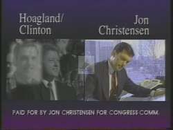 ["The 1994 political TV ad featuring Republican candidate Jon Lynn Christensen contrasts his views sharply with opponent Peter Hoagland. Through various scenes of debates and split-screen techniques, the ad emphasizes their disagreements on major policy areas such as taxes, healthcare, racial quotas, and term limits, positioning Christensen as the choice for conservative values."]