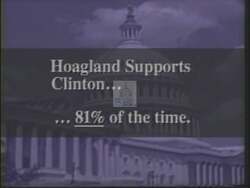 ["The 1994 political ad for Jon Lynn Christensen targets Peter Hoagland, employing intense visuals and narration to connect Hoagland negatively with President Clinton and so-called failed policies. Scenes highlight an animated political critique, portray Hoagland speaking confidently, and include disgruntled viewers reacting to Hoagland-associated advertisements."]
