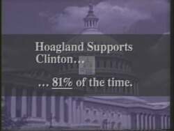 ["The 1994 political TV ad for Jon Lynn Christensen's presidential campaign aggressively targets Peter Hoagland, associating him negatively with Bill Clinton. It features scenes of critical statistics, concerned citizens, and discontented discussions, emphasizing Hoagland's support for Clinton's policies as contrary to Nebraska's interests. The ad urges viewers to vote Republican to stop excessive spending."]