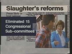 ["The 1994 political ad for Democratic presidential candidate Louise McIntosh Slaughter features a series of scenes showcasing her advocacy for reform in Congress. In various settings such as congressional meetings, podium speeches, and personal desk work, Slaughter comes across as determined and passionate. She emphasizes the need for greater transparency, efficiency, and ethics in government operations, actively engaging with colleagues and constituents to drive these reforms."]