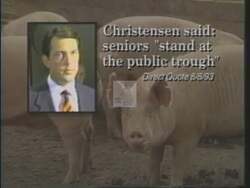 ["In a 1994 political ad for Democratic candidate Peter Hoagland, his opponent John Christensen is depicted as a \"radical right extremist\" harmful to Social Security. Throughout the ad, Christensen is consistently portrayed in a negative light, accused of threatening both Social Security and Medicare, emphasizing his detrimental stance and extremist views."]