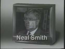 ["The 1994 political TV ad for John Greg Ganske's presidential campaign prominently contrasts Ganske with his opponent, Neil Smith. It visually criticizes Smith���������s integrity by featuring scenes of Smith behind a desk, juxtaposed with negative imagery and text captions that highlight his contradictory decisions and votes, portraying Smith in a dubious light aimed at questioning his political honesty and pointing out his long tenure in a negative context. This framing suggests Ganske as the preferable, more trustworthy candidate."]