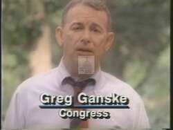 ["In the 1994 presidential campaign ad, Republican candidate John Greg Ganske emphasizes fiscal responsibility. Throughout the ad, Ganske criticizes Congress for excessive government spending and presents himself as the fiscally responsible solution for Iowa's future. He advocates for curtailing governmental expenditure, highlighting scenes that underscore his commitment against a backdrop of national debt statistics and U.S. flag motifs."]