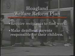 ["In his 1994 presidential campaign ad, Democratic candidate Peter Hoagland emphasizes his commitment to welfare reform, presenting his ideas clearly across various settings in Nebraska. Addressing the camera and speaking to attentive groups and town hall gatherings, Hoagland advocates for changes in the welfare system, consistently promoting engagement and community support."]