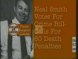 ["In a 1994 political TV ad, plastic surgeon Gansky criticizes Democrat Neal Edward Smith for supporting a crime bill, despite Gansky's own poor voting record. Scenes show Gansky debating Smith, questioning his crime policy effectiveness, yet Smith retains endorsements, notably from police. The ad underscores the contrast in credibility and support."]