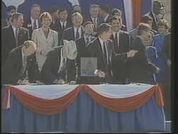 ["The 1994 political TV ad criticizes Greg Gansky for endorsing a GOP contract that commits to major budget adjustments, particularly focusing on a $60 billion funding for Star Wars toys. This funding compromise involves cuts to Medicare and an increase in the national deficit, portraying Gansky's priorities in a negative light and questioning his commitment to critical healthcare services."]