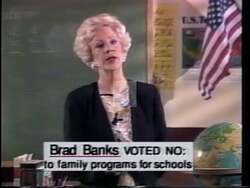 ["In his 1994 campaign ad, Republican Tom Latham criticizes his opponent, Brad Banks, for insufficient support of school funding and family programs. It features scenes of Latham advocating for diverse educational options and highlighting Banks' negative record, while positioning himself as a passionate supporter of comprehensive educational reforms."]