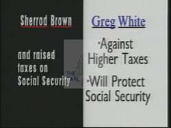 ["Greg White's 1994 political ad campaigns vigorously against Sherrod Brown, painting White as the conservative alternative. Key topics of contention include taxation, Social Security, healthcare, and the death penalty. The ad strategically contrasts Whites policies with Browns, depicting Brown in a negative light on these critical issues."]