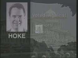 ["In a 1994 Democratic campaign ad, Martin Hoke is repeatedly depicted signing detrimental contracts, portrayed unfavorably through contrasting visuals that underscore negative impacts on seniors, veterans, and workers. The ad casts Hoke as prioritizing wealthy interests over vulnerable groups, urging voters to reconsider his reelection based on his record."]