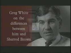 ["In the 1994 presidential campaign ad, Republican candidate Greg White articulates his political differences with Sherrod Brown through a series of debates with a distinct focus on crime and taxation policies. Emphasizing strong ideological contrasts, White uses assertive communication and hand gestures to highlight his different approach, passionately arguing for alternative solutions to justice and economic issues."]
