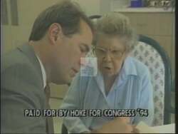 ["The 1994 Republican presidential campaign ad for Martin Hoke captures a jubilant celebration with a person, possibly Martin Hoke himself, on stage expressing gratitude towards an enthusiastically applauding audience. The scenes convey a warm and celebratory atmosphere, highlighting gratitude and accomplishment while engaging with a supportive crowd."]