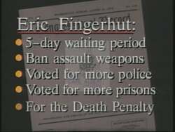 ["In the 1994 campaign ad, Democratic candidate Eric Fingerhut highlights his tough stance on gun control and crime prevention, starkly contrasting it with his opponent Steve LaTourette's lighter approach. Through scenes of debates and speeches, Fingerhut emphasizes a proactive crime control policy, positioning LaTourette's opposition as a risk to community safety."]