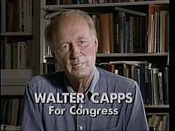 ["In the 1994 political TV ad, Democratic candidate Walter H. Capps, confident and determined, addresses the electorate directly from various campaign settings, from podiums to suburban locales. He emphasizes his sincerity, commitment to political change, and accountability, surrounded by patriotic imagery and campaign signage, invoking a sense of hope and change."]