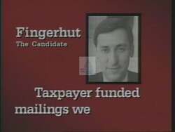 ["In a 1994 political TV ad by Republican Steve LaTourette, Democrat Eric Fingerhut is consistently portrayed as untrustworthy, emphasizing his hypocrisy and broken promises. The ad uses scenes of Fingerhut at a podium, appearing stressed or insincere, and multiple depictions of his actions contradicting earlier commitments, all underscored by ominous music."]
