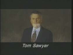 ["In his 1994 presidential campaign ad, Democratic candidate Tom Sawyer presents himself as a serious and determined leader. Standing confidently, he addresses the camera against various political backdrops, emphasizing his legislative record, advocacy for responsible gun laws and budget cuts, and commitment to education, safety, and fiscal responsibility."]