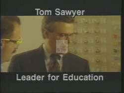 ["In the 1994 campaign ad, Tom Sawyer is portrayed as a seasoned leader with strong credentials in education, law enforcement, and fiscal responsibility. The ad contrasts his experience with opponent Lynn Slaby's lack of the same, highlighting Sawyer's legislative achievements and Slaby's perceived incompetency. Text and visuals underscore Sawyer���������s focus on enhancing education and safety, demonstrating his fitness for office."]