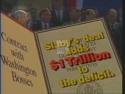 ["In Tom Sawyer's 1994 campaign ad, he criticizes Lynn Slaby for aligning with policies that benefit the wealthy at the public's expense. The ad portrays Slaby repeatedly signing harmful contracts with political elites, suggesting these actions contribute to increased deficits, cuts in social security, and disadvantages for retirees."]
