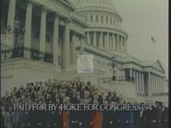 ["The 1994 political ad for Republican candidate Martin Hoke showcases his robust stance on political reform. The ad predominantly features Hoke addressing Congress and constituents with fervor, emphasizing his dedication to relentless change and enhancement of government representation. Scenes underline his leadership qualities and commitment, highlighting his continuous advocacy for reform."]