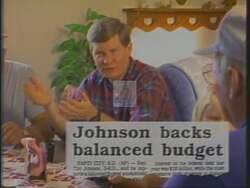 ["In his 1994 presidential campaign ad, Democratic candidate Timothy Peter (Tim) Johnson passionately advocates for fiscal responsibility, government transparency, and reforms, emphasizing dedication and integrity in political leadership. Johnson consistently represents South Dakota's interests, standing confidently and determined in various settings, from Congress to public rallies, underlining his commitment to accountable governance."]