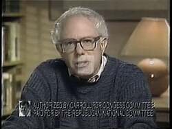 ["The 1994 political TV ad from Republican John Carroll targets Bernie Sanders, depicting him as inconsistent and harmful to middle-class taxes. Through a series of frames, the ad critiques Sanders voting record and policy impacts, juxtaposing his speeches with imagery of concerned voters and critical text overlays. The ad paints a negative portrait of Sanders amid a backdrop of American flags and discontented citizens."]