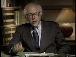 ["In the 1994 TV ad, Independent Party candidate Bernie Sanders passionately defends vulnerable populations, including the elderly, children, veterans, and the poor, in various legislative settings. He vehemently opposes budget cuts that would negatively affect these groups, showcasing his commitment to protecting them through emphatic speeches and arguments in congressional settings."]