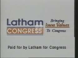 ["In his 1994 presidential campaign ad, Republican Tom Latham emphasized his deep roots in Iowa's agricultural community. Across various farm settings, Latham confidently conveyed his commitment to Iowa values, showcasing his experiences as both a farmer and a businessman. The visuals reinforced his connection to rural America and his dedication to agricultural development, aligning him closely with the interests and lifestyle of Iowa's farming community."]