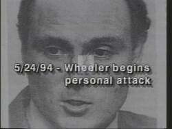 ["In a 1994 presidential campaign ad, Bill Wheeler intensively accuses Democratic candidate Tim Ford of misusing the Speaker's Fund. Throughout various campaign debates, Wheeler, frequently agitated, points fingers and waves documents to assert his claims against a calm Ford. The ad highlights Wheeler's aggressive demeanor and relentless personal attacks."]