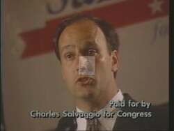 ["The 1994 political TV ad for Republican candidate Charles Salvaggio showcases a series of scenes emphasizing his conservative values, fiscal conservatism, and promise for reform in Washington. Salvaggio, seen speaking passionately at various rallies and in office settings, portrays a confident and determined persona, committed to embodying and promoting West Tennessee's conservative principles."]