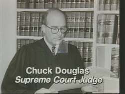 ["The 1988 political TV ad for Republican candidate Chuck Douglas emphasizes his extensive judicial experience and commitment to law and order. Throughout the ad, Douglas is depicted in various courtroom settings that underline his legal expertise and professionalism. Scenes portray him as confident, authoritative, and dedicated to upholding justice, clearly aiming to convey his readiness to bring these qualities to Congress."]