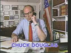 ["In his 1988 political TV ad, Charles G. \"Chuck\" Douglas, a Republican, delivers a series of confident speeches from podiums adorned with American flags and campaign banners. Addressing engaged and supportive crowds, Douglas emphasizes his leadership qualities and outlines his political goals and policy reforms for his congressional campaign."]