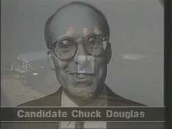 ["The 1988 political TV ad for Democratic candidate Jim Donchess targets his opponent Chuck Douglas, emphasizing Douglass controversial judicial decisions. Various scenes portray Douglas in judicial robes, with overlaid text and documented evidence criticizing his legal judgments as questionable for his congressional suitability. The ad uses direct critique to question Douglas's integrity and qualifications."]