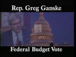 ["In a 1995 political TV ad, Democratic Party candidate Nan Anti-Greg Ganske criticizes Congressman Ganske's controversial votes on budget cuts affecting working families. Various frames depict Ganske facing emotional protests, a diverse group of worried constituents, and intense congressional debates emphasizing the negative impacts of his decisions on tax breaks and Medicare."]