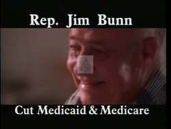 ["The 1996 campaign ad portrays Congressman Jim Bunn negatively, highlighting his involvement in government shutdowns and substantial budget cuts that purportedly favor the wealthy and big businesses over the public good. The ad uses visuals of Bunn smirking, ignoring protests, and defending unpopular policies at various public appearances, juxtaposed with images of concerned, displeased citizens and protesters to reinforce his disconnect from average American families and their needs."]