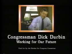 ["In the 1990 political TV ad, Democratic presidential candidate Dick Durbin is portrayed actively engaging with his constituents in various town hall meetings, showcasing his commitment to accessibility and community connection. The ad also emphasizes his strong work ethic and dedication as displayed in his focused, diligent work in his Washington office."]