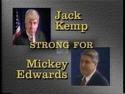 ["In the 1992 TV ad, Jack Kemp fervently supports Mickey Edwards for president, highlighting their shared commitment to conservative economic policies, tax reform, and fiscal responsibility. Kemp praises Edwards' dedication to economic growth and legislative restraint, positioning him as the right choice for conservative voters looking for effective tax cuts and controlled spending."]