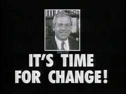 ["The 1992 political TV ad for Republican candidate Bill Price contrasts a fresh, energetic Price with an older, fatigued rival. Scenes depict Price as a dynamic figure advocating for change, speaking directly to viewers, engaging with the public, and campaigning under the slogan \"Time for Change.\" The ad frames Washington as weary, underscoring the need for new leadership."]