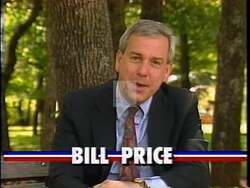 ["In his 1992 campaign ad, Republican Bill Price passionately emphasizes the need for congressional reforms and term limits. The scenes depict him advocating for systemic changes and reduced political perks, speaking determinedly at various podiums and directly to the camera, promoting his slogan Time for Change to underscore his platform of significant political overhaul."]