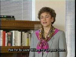 ["In the 1992 political TV ad, Democratic candidate Laurie Williams passionately advocates for economic reform and change in Oklahoma. Behind a \"Real Change for Oklahoma\" banner, she addresses audiences at various events, promoting policies focused on natural gas and cooperation to revitalize the local economy and reduce national debt. Her earnest demeanor underscores her commitment to these changes."]