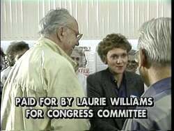 ["In a 1992 political TV ad, Democratic candidate Laurie Williams passionately discusses her political goals, combating negative tactics by emphasizing job creation and positive change. Scenes include Williams at a podium, reflecting on challenges, and watching opponents attack ads with determination to focus on progressive values for Oklahomas future."]